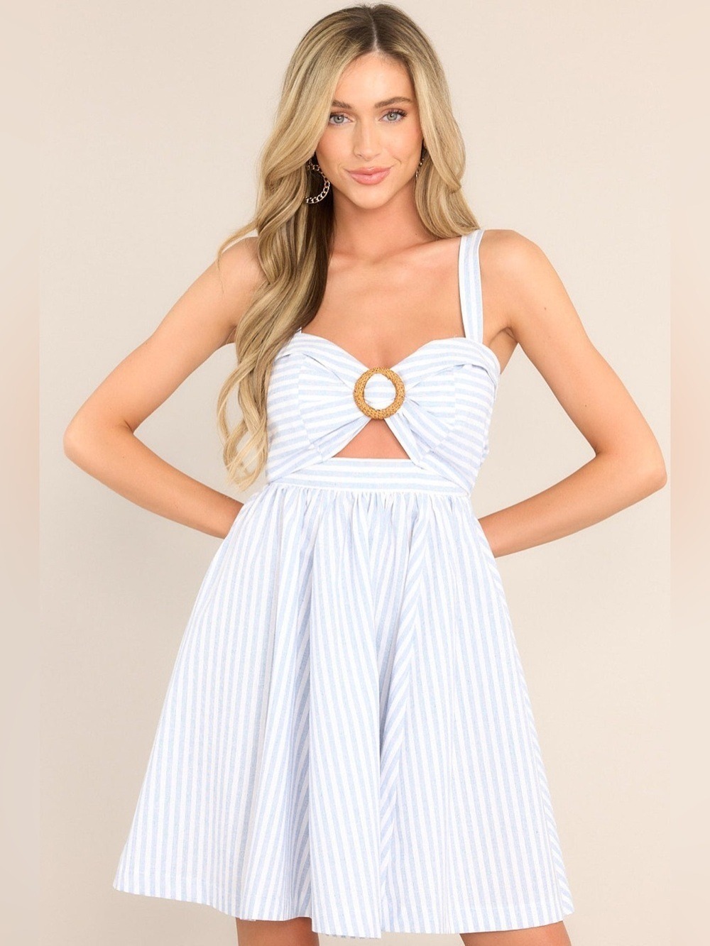 Vici Light Blue and White Striped Mini Dress with Cutouts Back Tie. Size Small - Picture 1 of 6